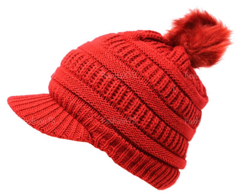 Women's Winter Pom Pom Visor Beanie Knit Hat Cap Fur Crochet Cold