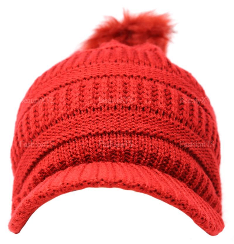 Women's Winter Pom Pom Visor Beanie Knit Hat Cap Fur Crochet Cold